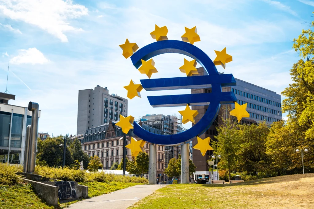 Euro sculpture in Frankfurt representing the European market and regulatory environment